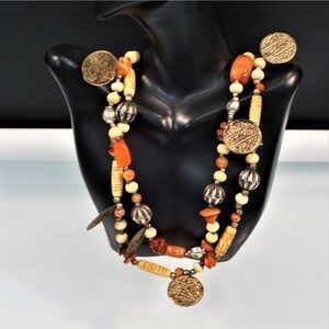 Vintage Polished Stones Agate Quartz Bovine Carved Beads Double Strand Necklace